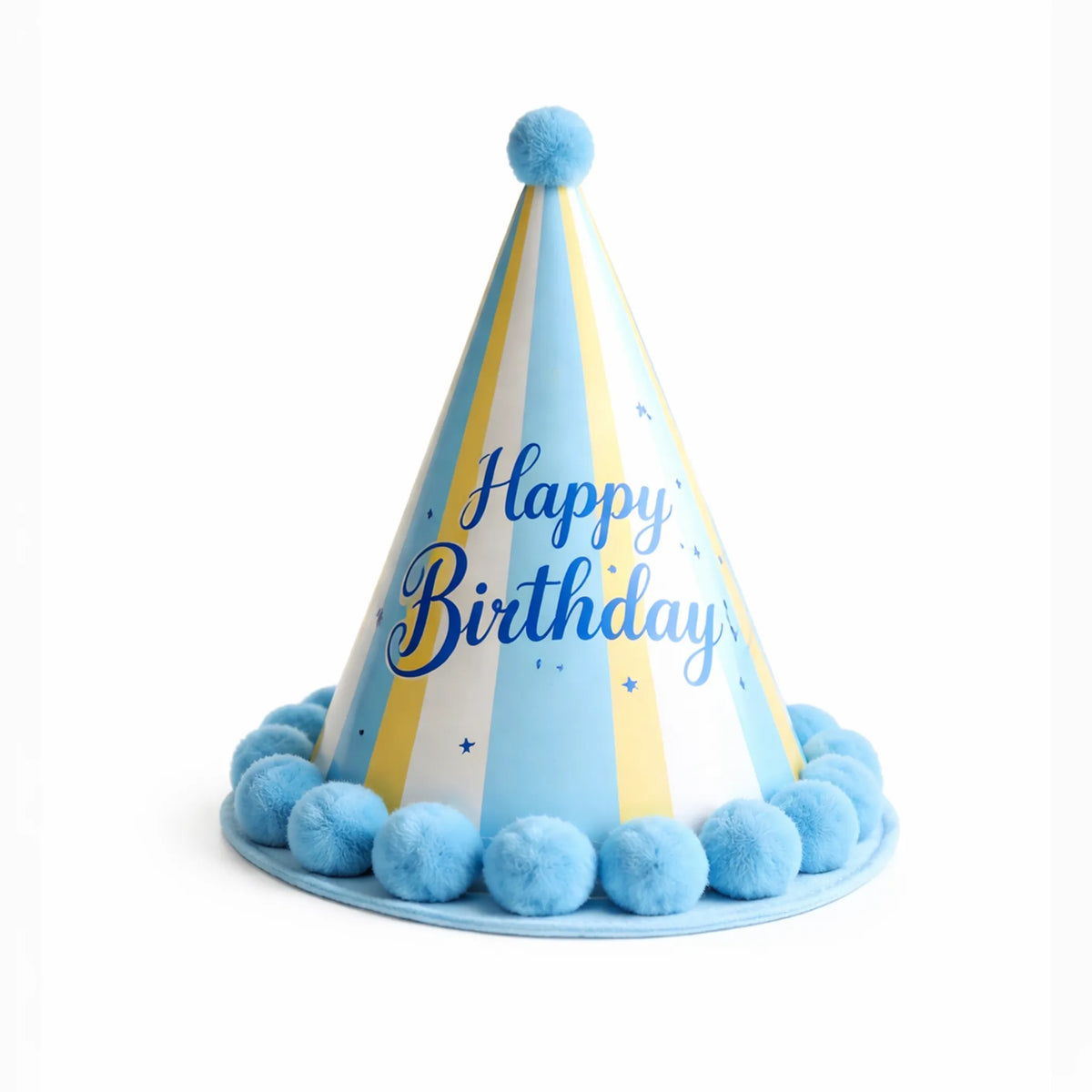 Blue Pastel Stripe Happy Birthday Party Hat with Blue Pom Pom Trim