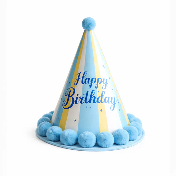 Blue Pastel Stripe Happy Birthday Party Hat with Blue Pom Pom Trim