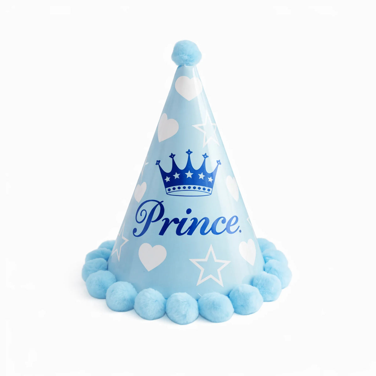 Blue Prince Birthday Party Hat with Crown and Pom Pom Trim