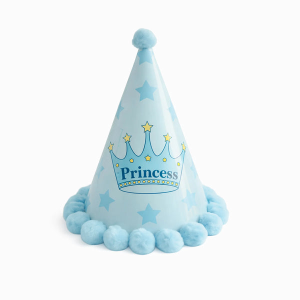 lue Princess Birthday Party Hat with Crown Graphic and Blue Pom Pom Border