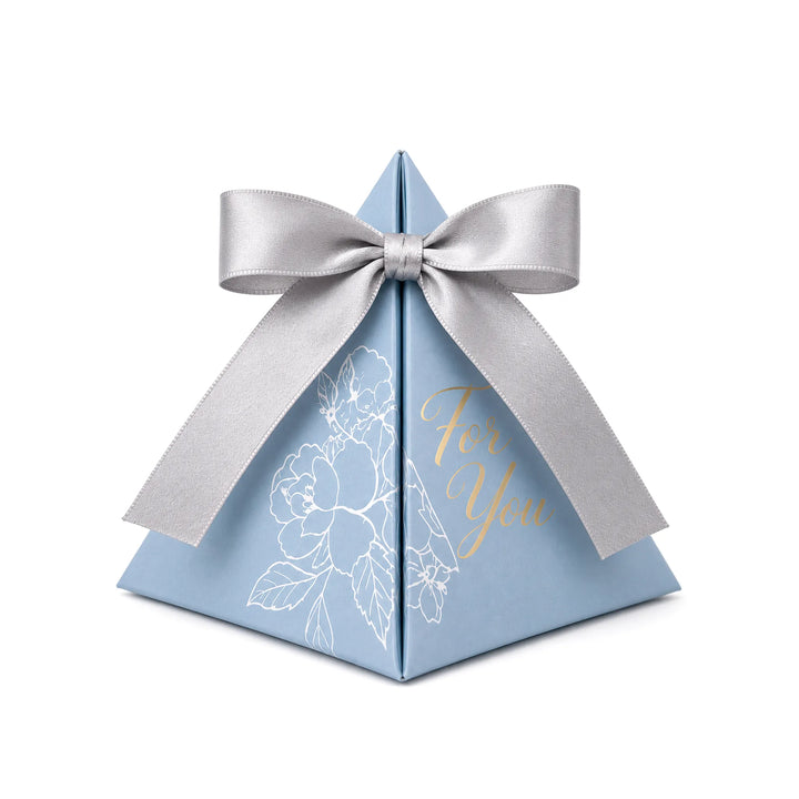 Blue Pyramid Party Favor Box With Silver Satin Ribbon and Floral Design