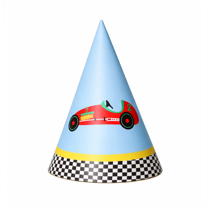 Blue Race Car Birthday Party Hat with Checkered Racing Border