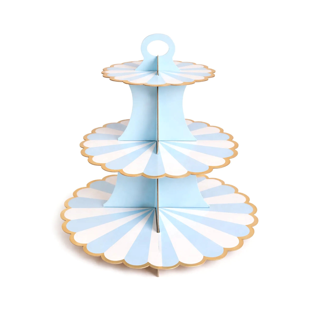Blue Striped 3 Tier Cupcake Stand with Gold Trim for Dessert Tables and Party Treats