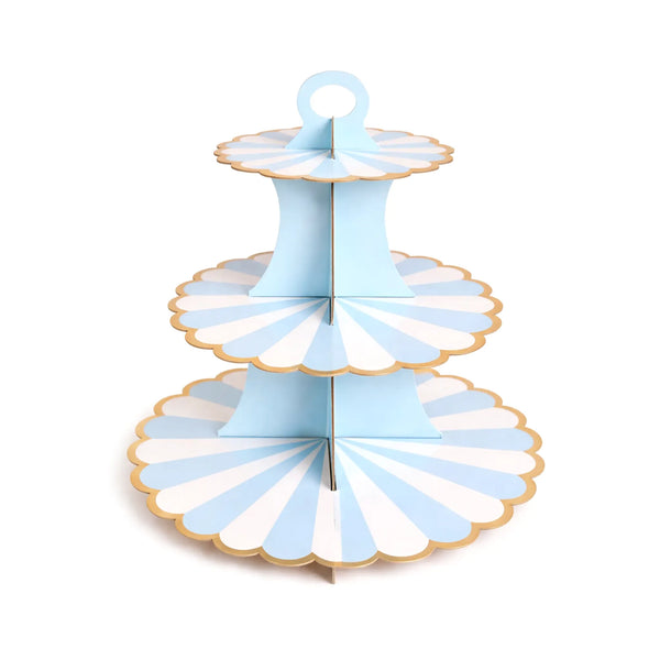 Blue Striped 3 Tier Cupcake Stand with Gold Trim for Dessert Tables and Party Treats