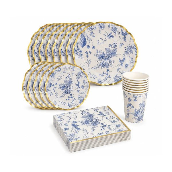Blue Floral Paper Plates Party Set for 8 – Large Plates, Small Plates, 8oz Cups and Napkins