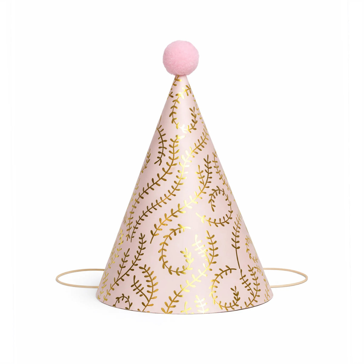 Blush Pink Birthday Party Hat with Metallic Gold Vine Pattern and Pom Pom Topper
