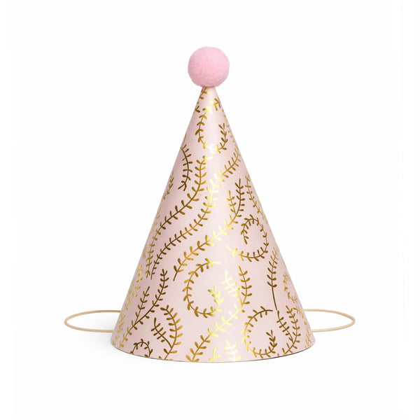 Blush Pink Birthday Party Hat with Metallic Gold Vine Pattern and Pom Pom Topper
