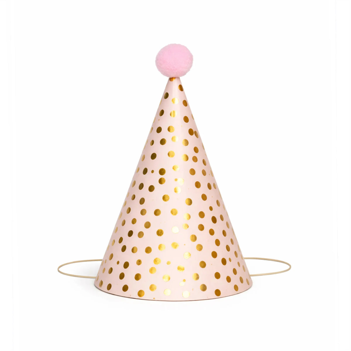 Blush Pink Birthday Party Hat with Metallic Gold Polka Dots and Pom Pom Topper
