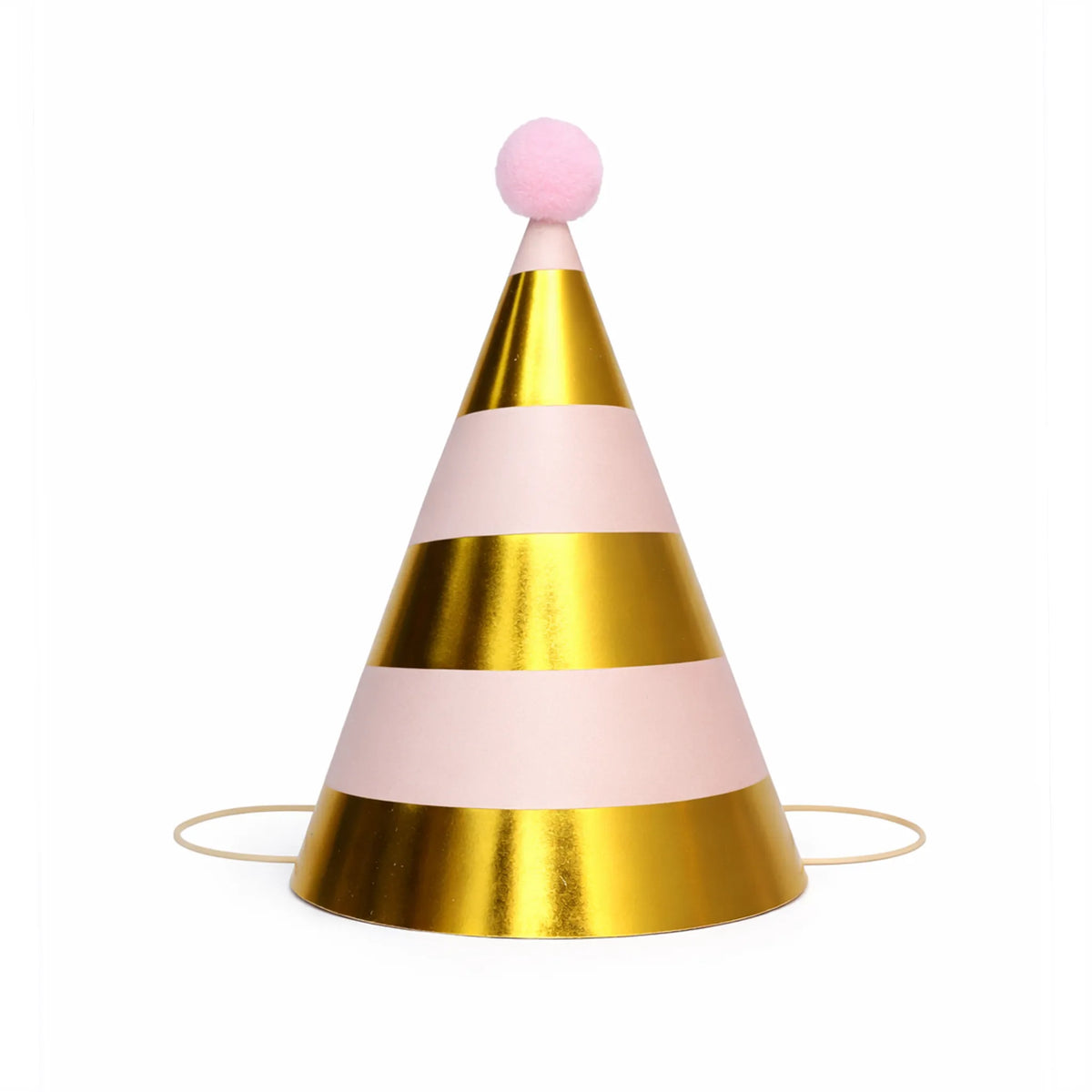 Blush Pink and Metallic Gold Stripe Birthday Party Hat with Pom Pom Topper