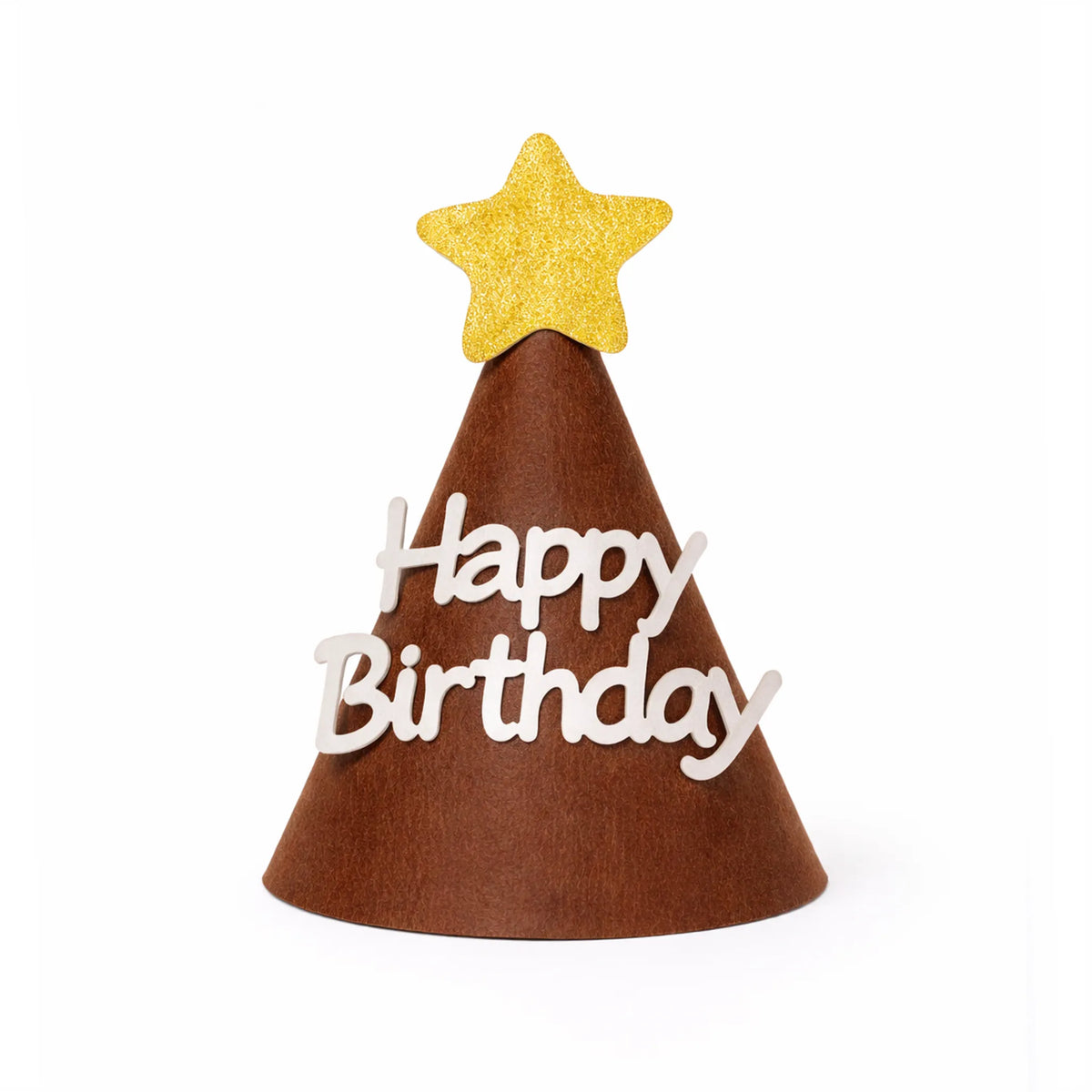 Brown Felt Happy Birthday Party Hat with Gold Glitter Star Topper