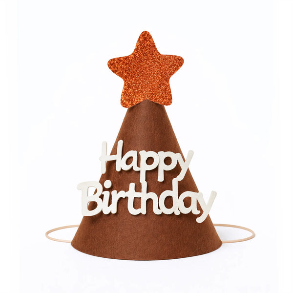 Brown Felt Happy Birthday Party Hat with Orange Glitter Star Topper