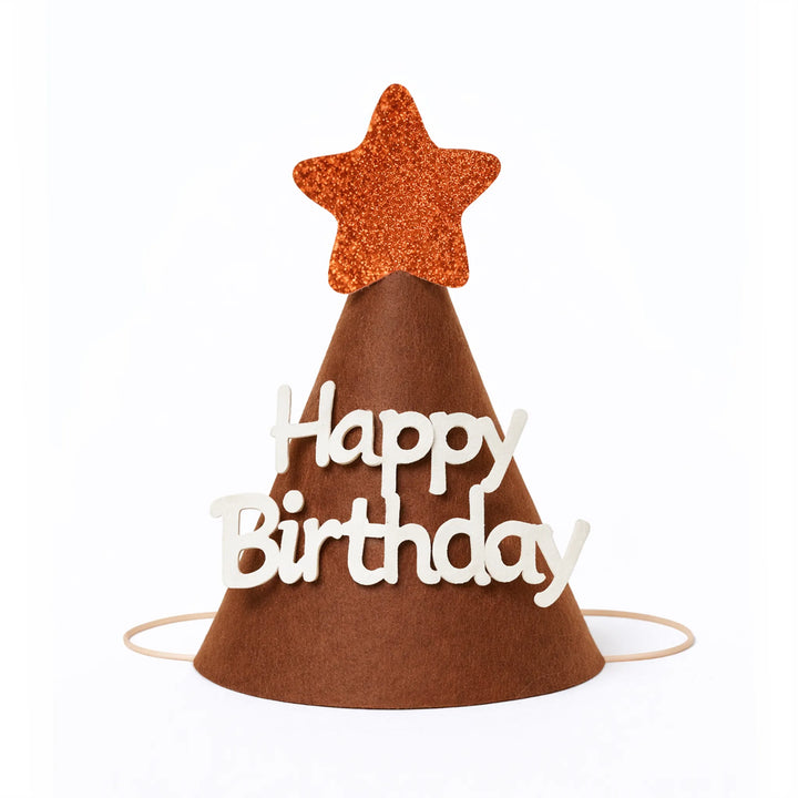 Brown Felt Happy Birthday Party Hat with Orange Glitter Star Topper