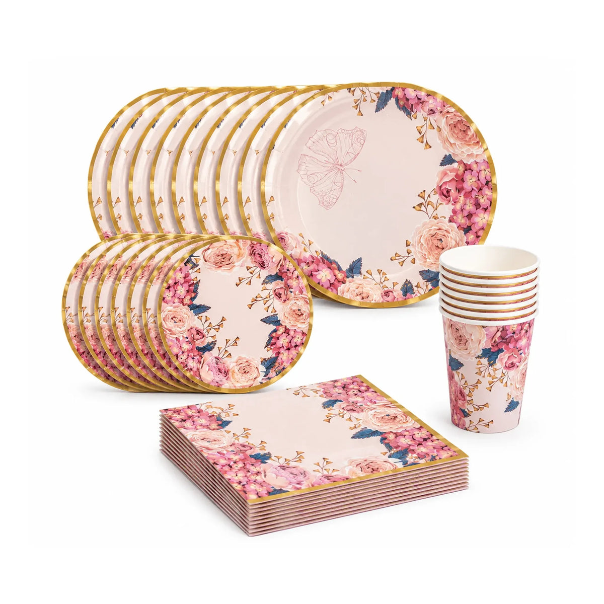 Butterfly Floral Paper Tableware Set for 8 with Gold-Trimmed Plates, Cups, and Napkins