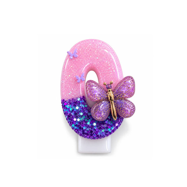 Pink and Purple Butterfly Number 0 Birthday Candle