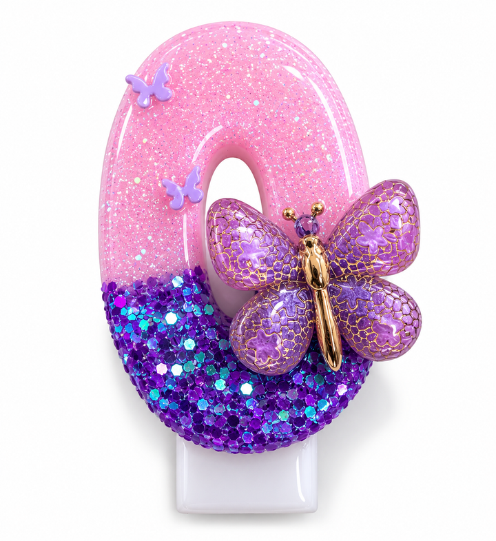 Pink and Purple Butterfly Number 0 Birthday Candle