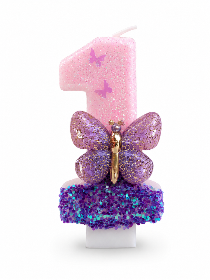 Pink and Purple Butterfly Number 1 Birthday Candle