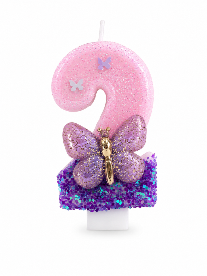 Pink and Purple Butterfly Number 2 Birthday Candle