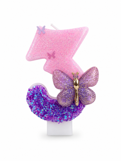 Pink and Purple Butterfly Number 3 Birthday Candle