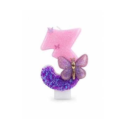 Pink and Purple Butterfly Number 3 Birthday Candle