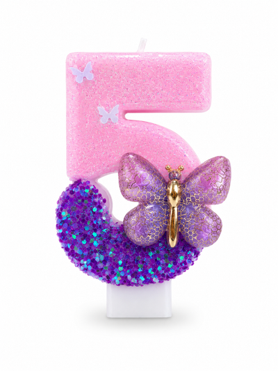 Pink and Purple Butterfly Number 5 Birthday Candle