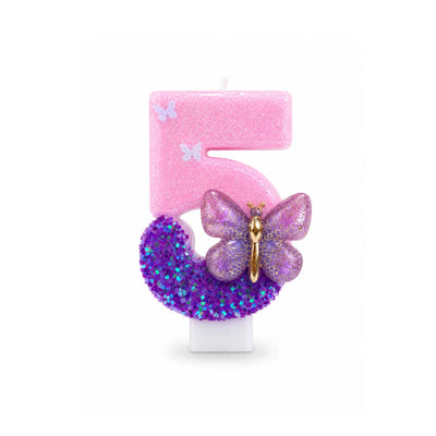 Pink and Purple Butterfly Number 5 Birthday Candle