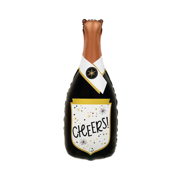 Cheers Champagne Bottle Foil Balloon in black and gold, 31-inch