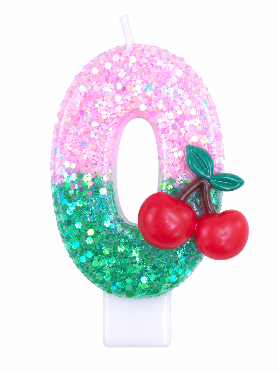Pink Glitter Number 0 Birthday Candle with Cherry Decoration