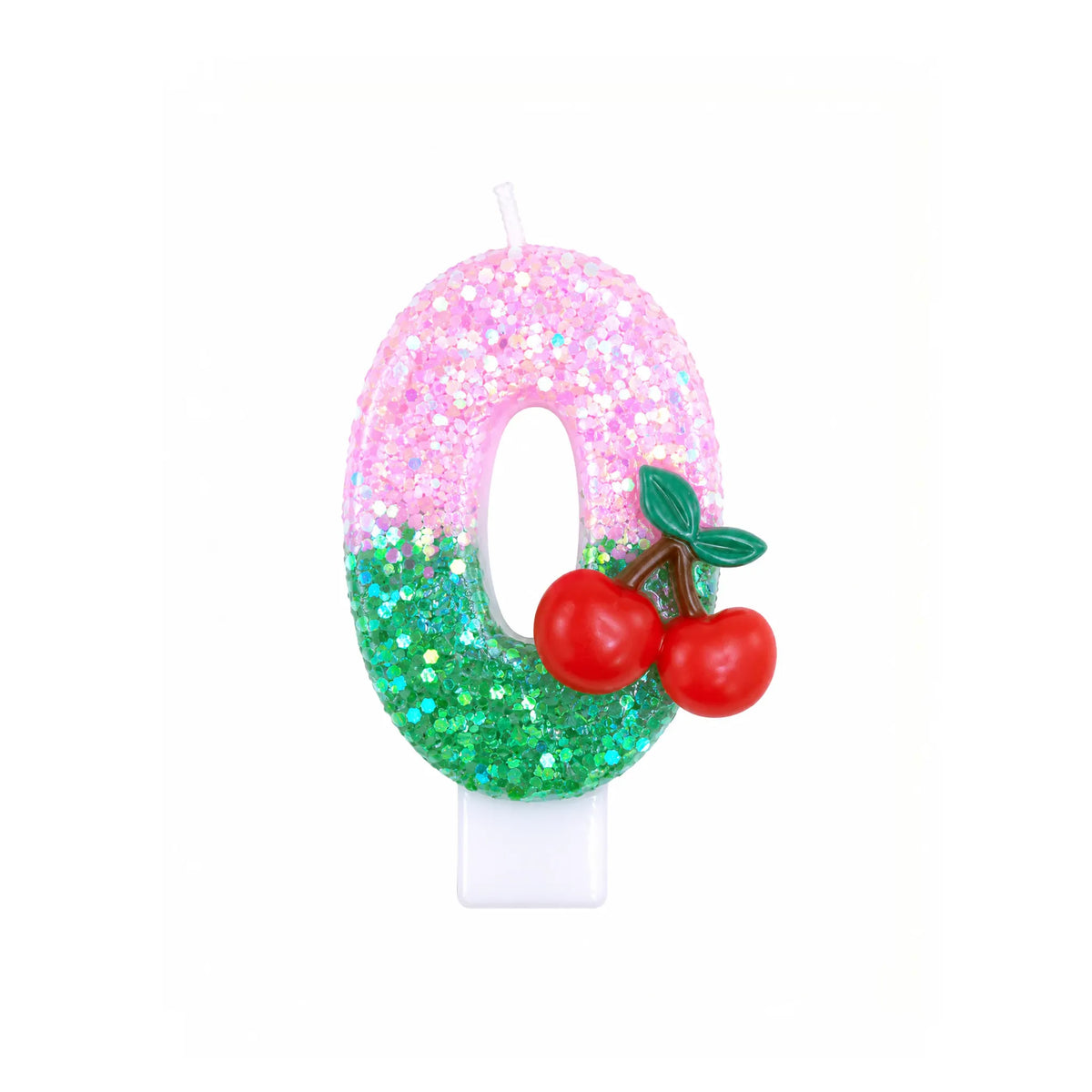 Pink Glitter Number 0 Birthday Candle with Cherry Decoration