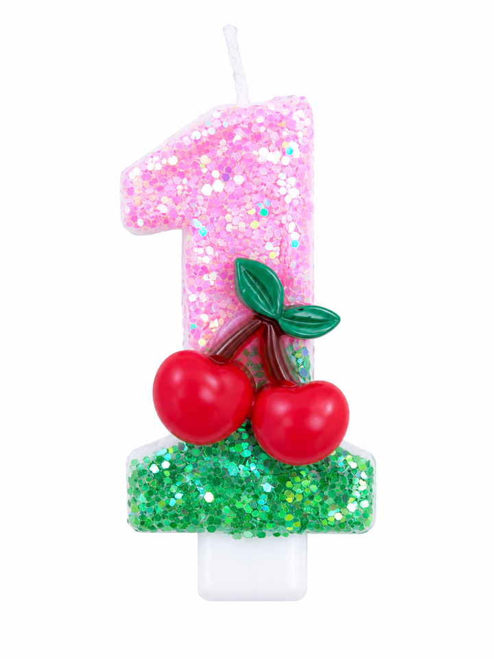 Pink Glitter Number 1 Birthday Candle with Cherry Decoration