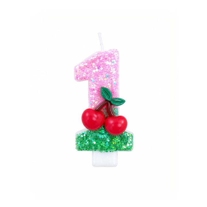 Pink Glitter Number 1 Birthday Candle with Cherry Decoration