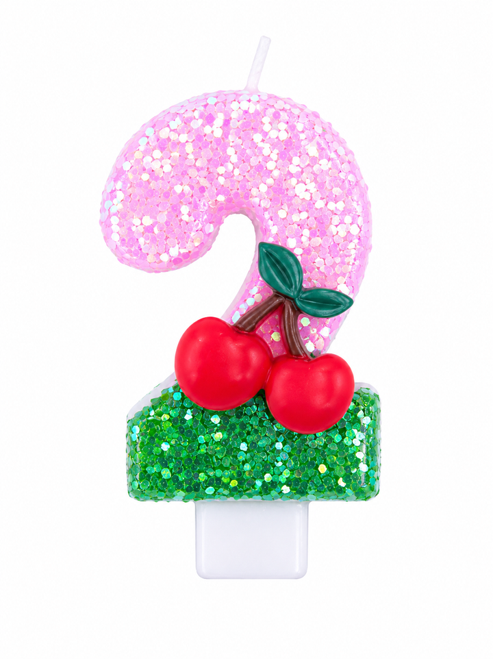 Pink Glitter Number 2 Birthday Candle with Cherry Decoration