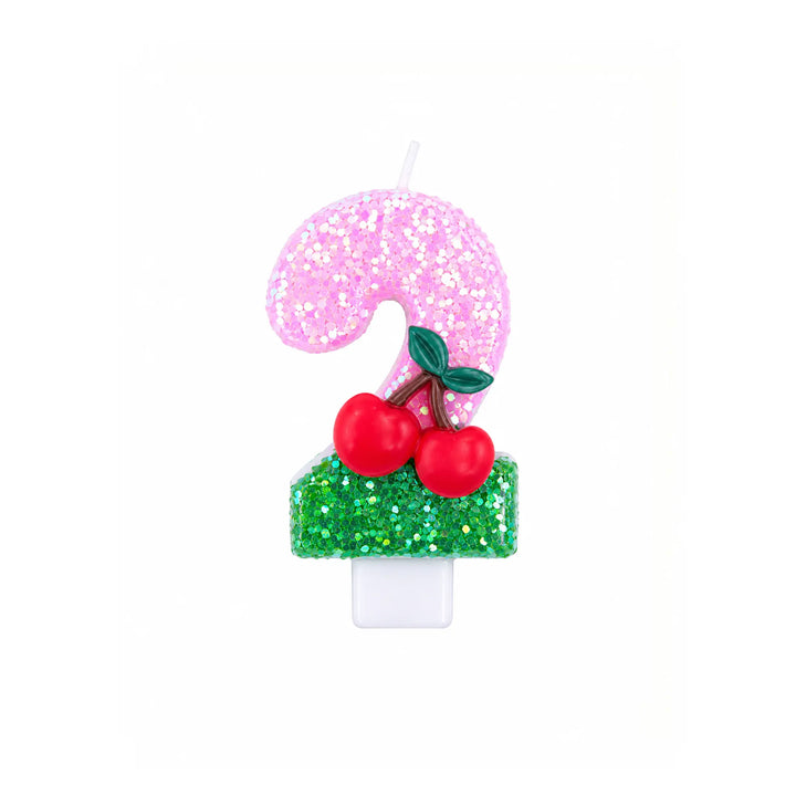 Pink Glitter Number 2 Birthday Candle with Cherry Decoration