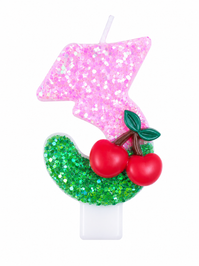 Pink Glitter Number 3 Birthday Candle with Cherry Decoration