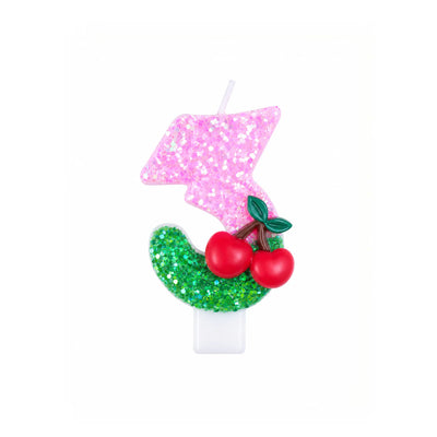 Pink Glitter Number 3 Birthday Candle with Cherry Decoration
