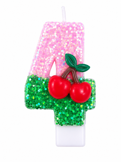 Pink Glitter Number 4 Birthday Candle with Cherry Decoration