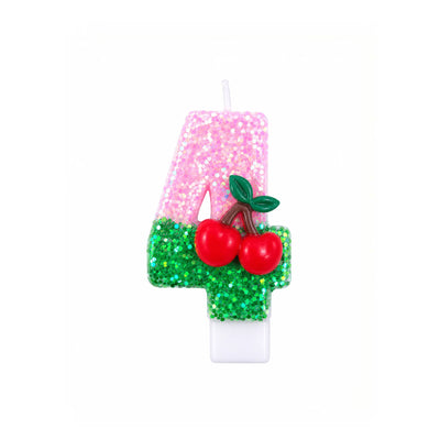 Pink Glitter Number 4 Birthday Candle with Cherry Decoration