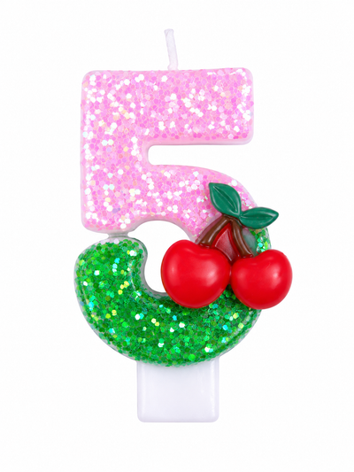 Pink Glitter Number 5 Birthday Candle with Cherry Decoration