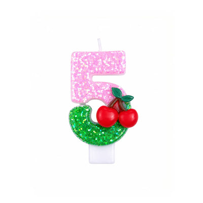 Pink Glitter Number 5 Birthday Candle with Cherry Decoration