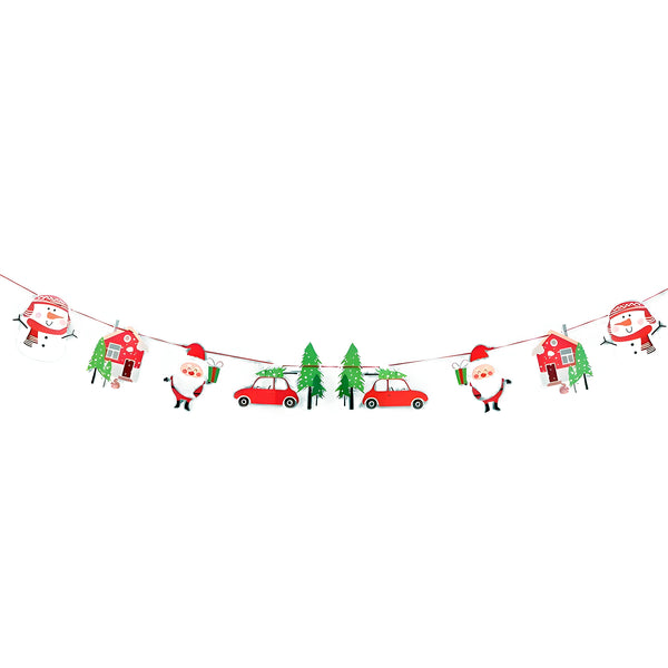 Christmas Santa, Snowman, Car & House Banner - Festive Pull-Flag Garland