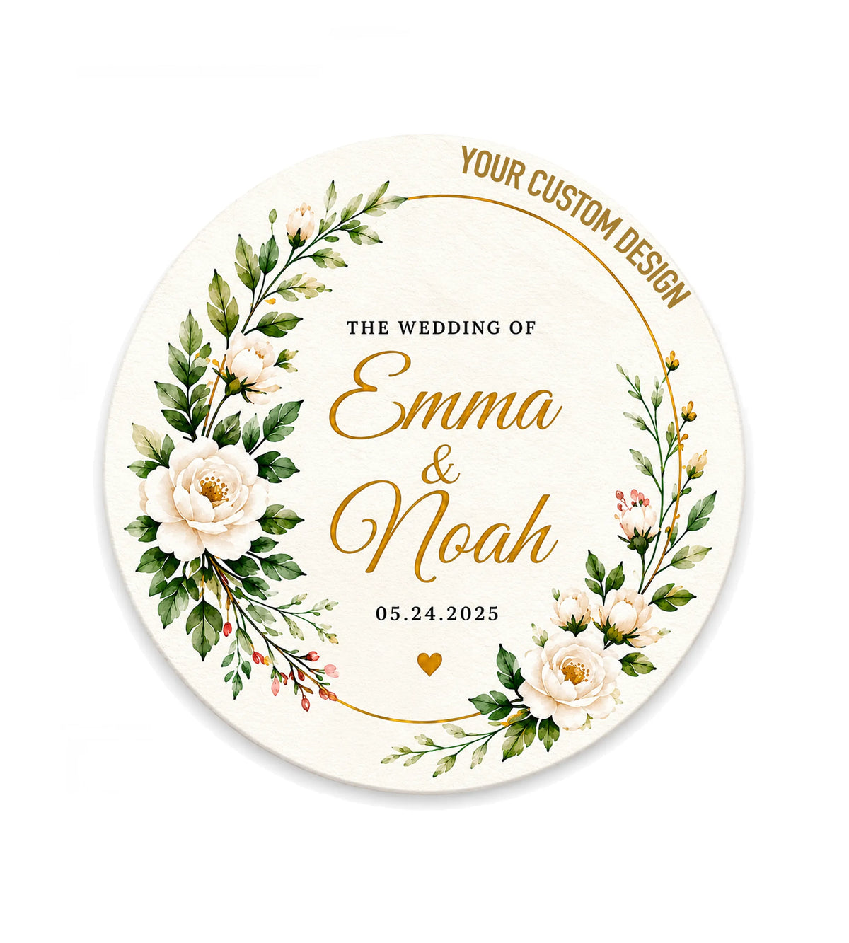 Custom round paper coaster, 4-inch – personalized wedding coaster with names, date, and floral design