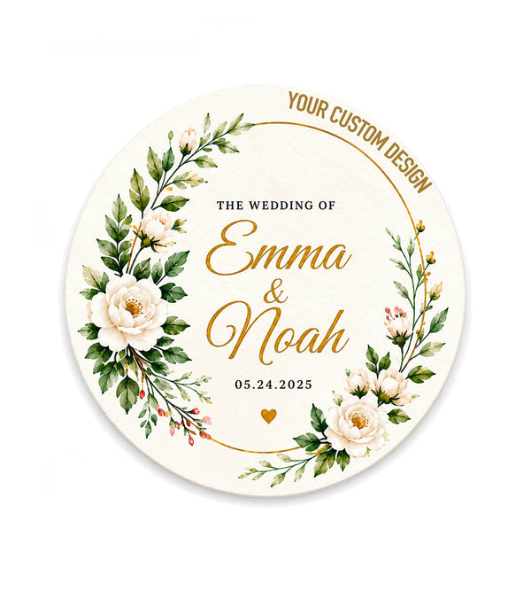 Custom round paper coaster, 4-inch – personalized wedding coaster with names, date, and floral design