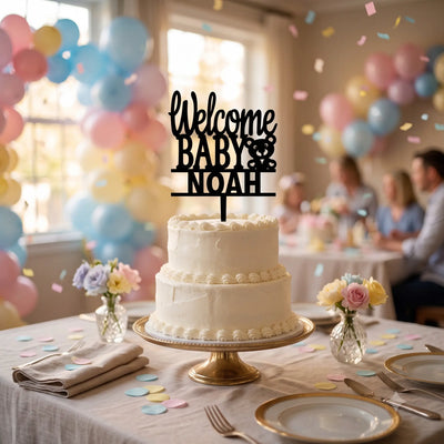 Custom "Welcome Baby" Cake Topper in Black on a Two-Tier Baby Shower Cake