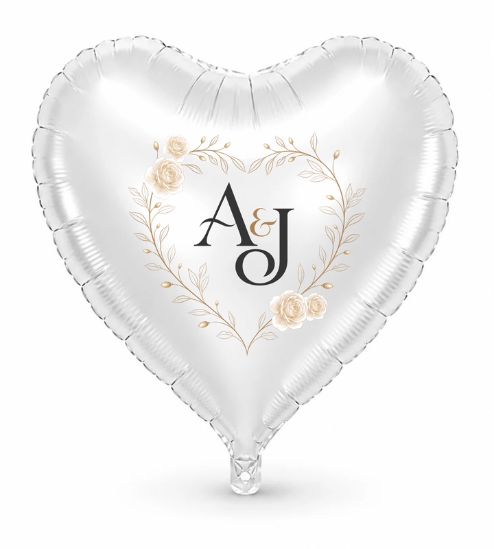 Rose Wreath personalized wedding monogram on a white heart balloon