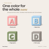 Baby name blocks in blush pink, baby blue, sage green and warm gray