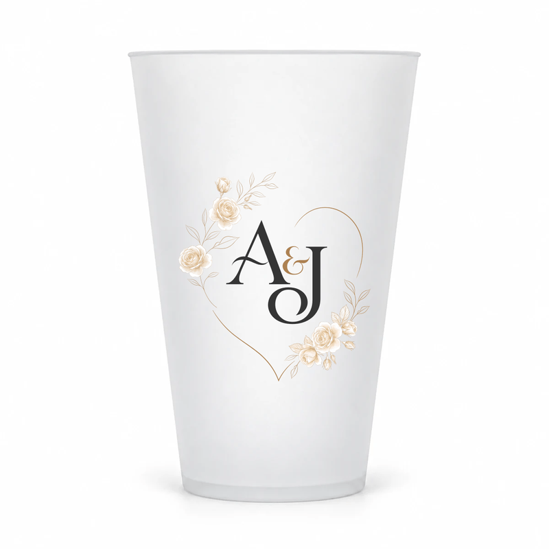 White Rose Half Heart wedding monogram design on the original 16 oz clear frosted cup