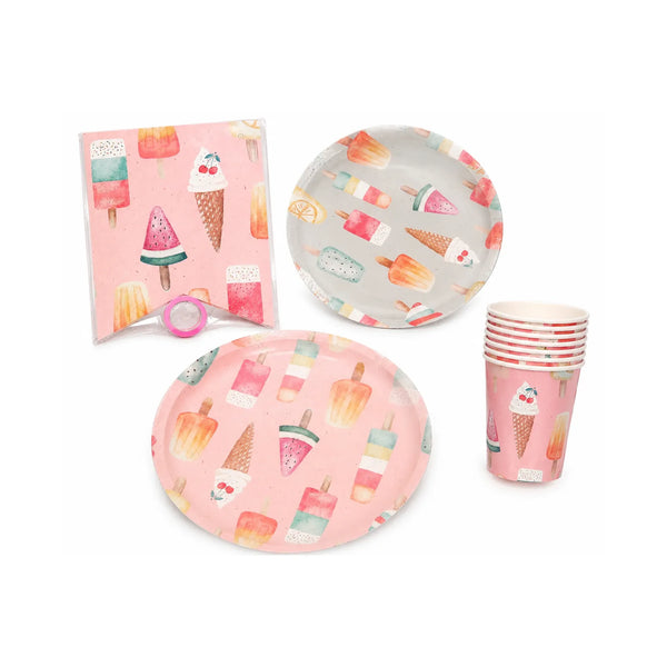 Ice Cream Party Tableware Set for 8 with Pastel Plates, Cups, and Matching Party Banner