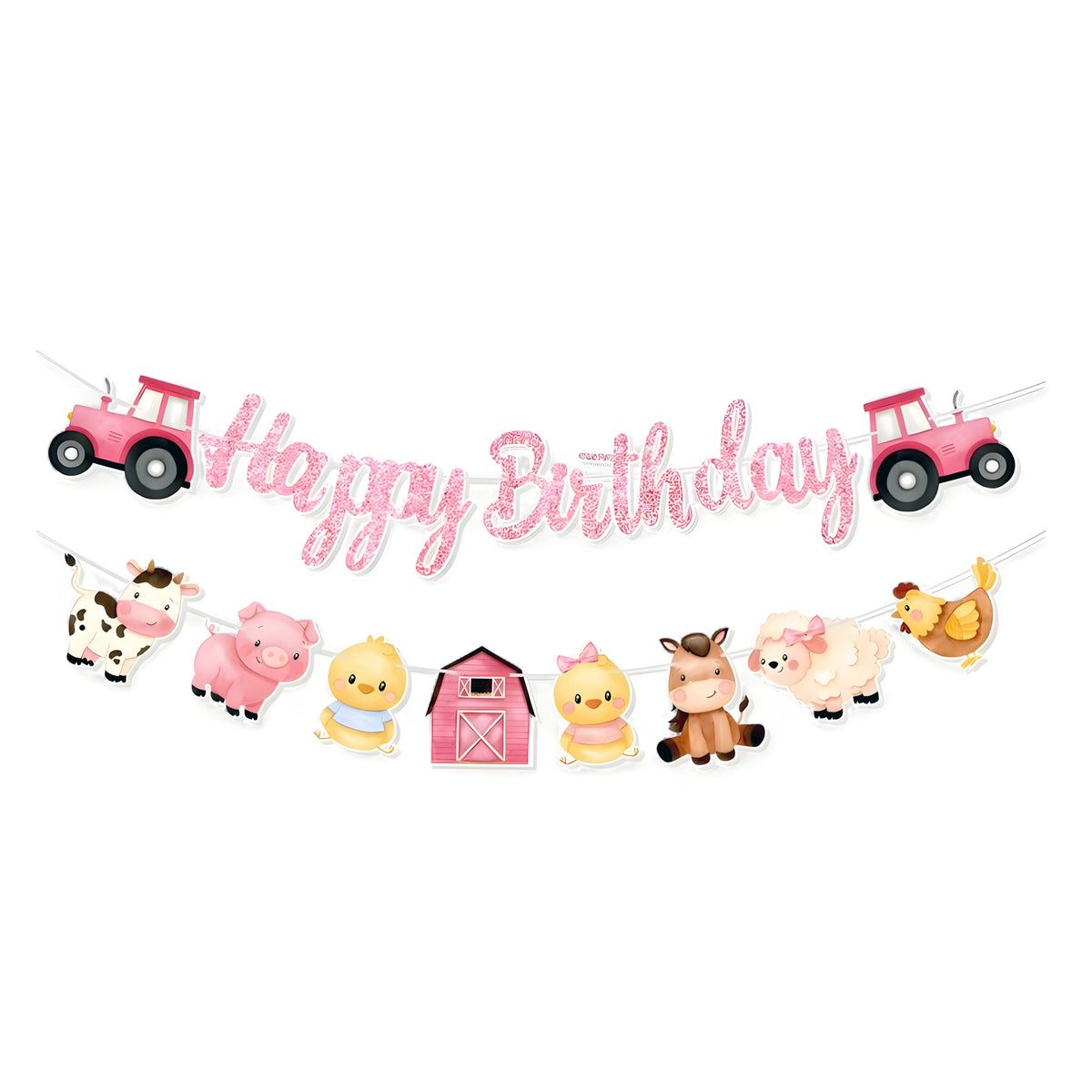 Farm Animal Happy Birthday Banner with pink barn