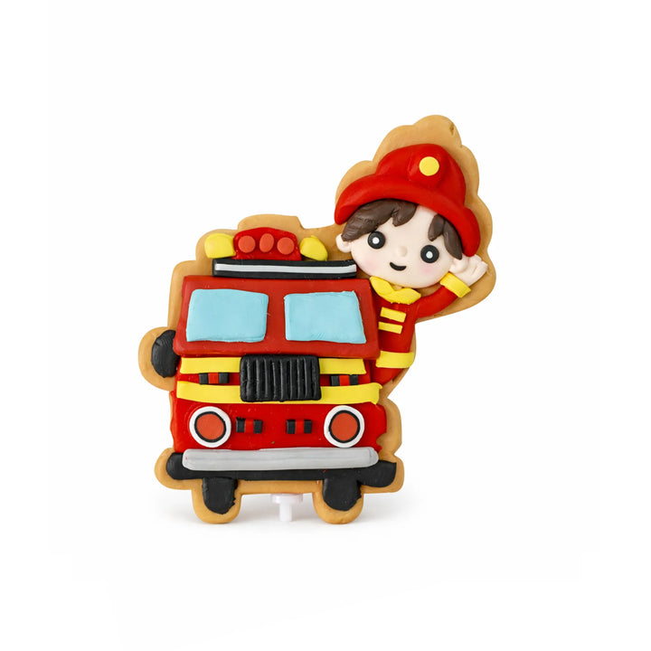 Firefighter Boy Hanging on Fire Truck Cake Topper Decoration