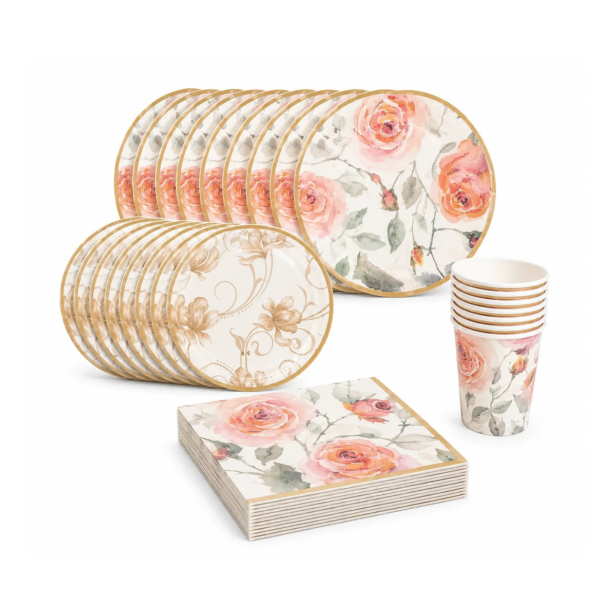 Floral Paper Tableware Set for 8 with Gold-Trimmed Plates, Cups, and Napkins