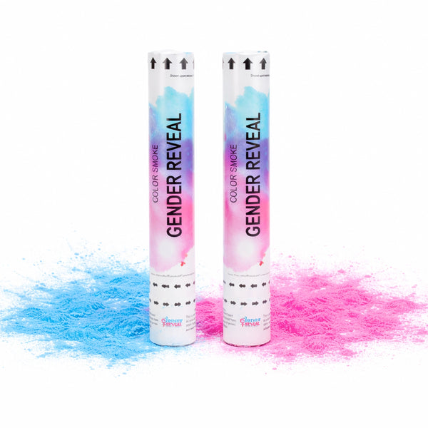 Gender Reveal Color Smoke Powder Cannons in Pink and Blue for Baby Reveal Parties